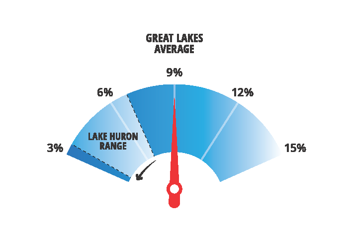 Blue gas gauge style image showing Great Lakes Average as 9% but Lake Huron being between 3% and 6%.